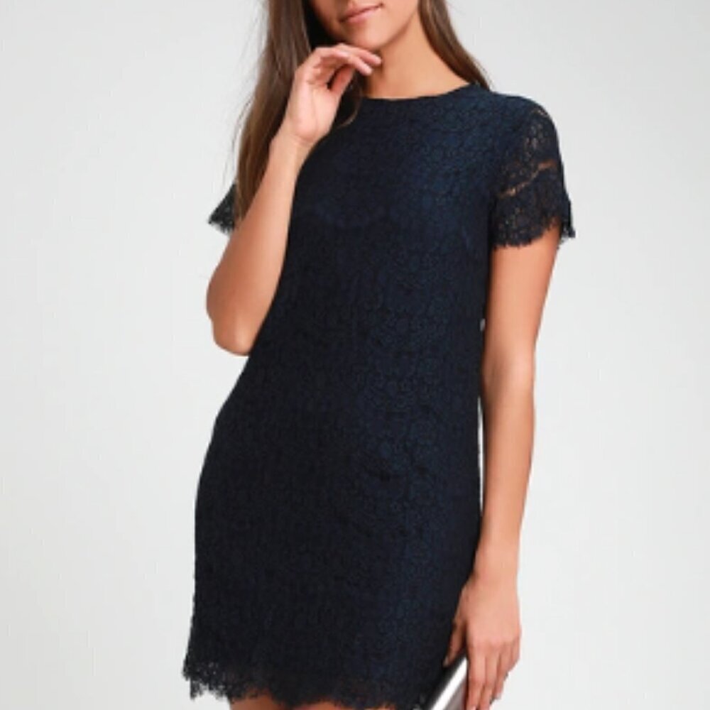 Lulu's Take Me to Brunch Navy Blue Lace Shift Dress